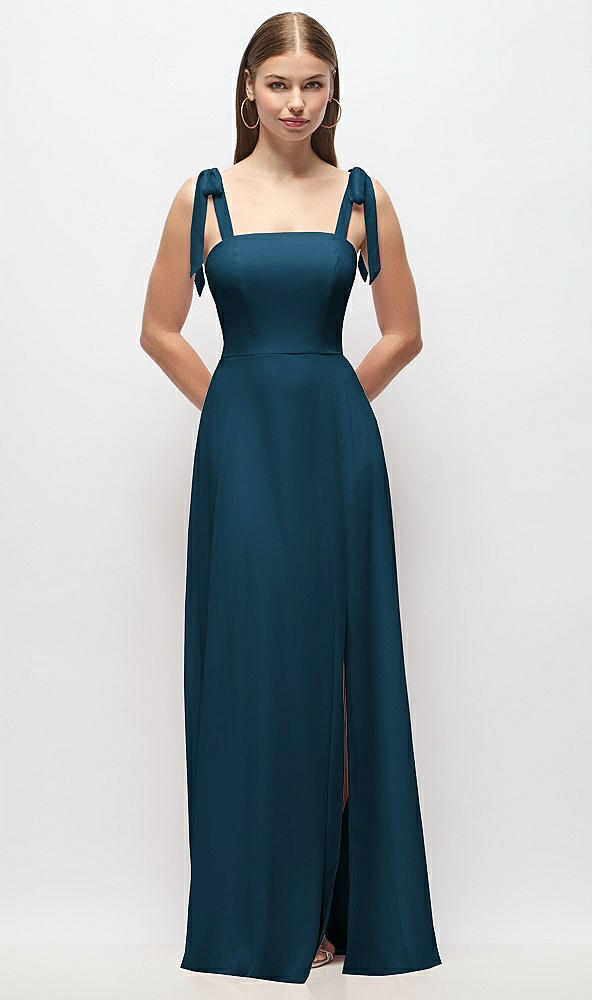 Front View - Atlantic Blue Tie-Shoulder Chiffon Maxi Dress with Front Slit
