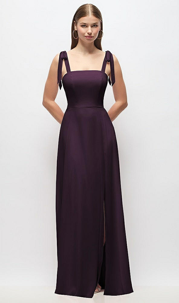 Front View - Aubergine Tie-Shoulder Chiffon Maxi Dress with Front Slit