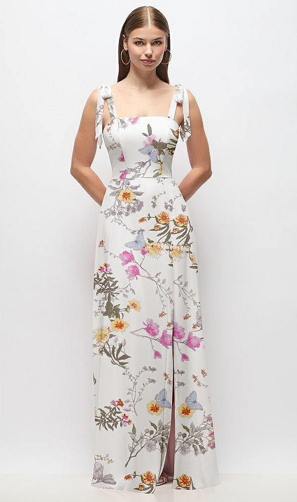 Front View - Butterfly Botanica Ivory Tie-Shoulder Chiffon Maxi Dress with Front Slit