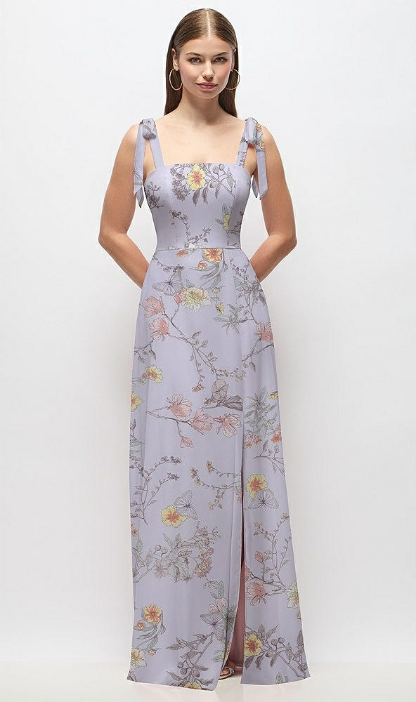 Front View - Butterfly Botanica Silver Dove Tie-Shoulder Chiffon Maxi Dress with Front Slit