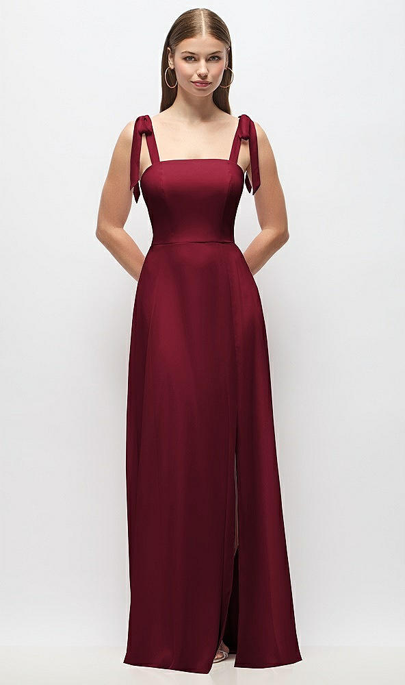 Front View - Burgundy Tie-Shoulder Chiffon Maxi Dress with Front Slit