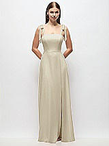 Front View Thumbnail - Champagne Tie-Shoulder Chiffon Maxi Dress with Front Slit