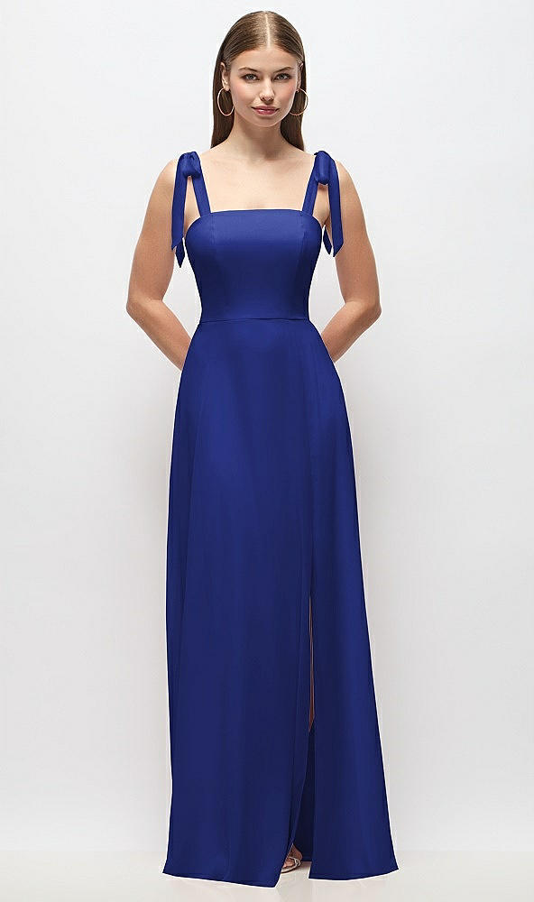 Front View - Cobalt Blue Tie-Shoulder Chiffon Maxi Dress with Front Slit