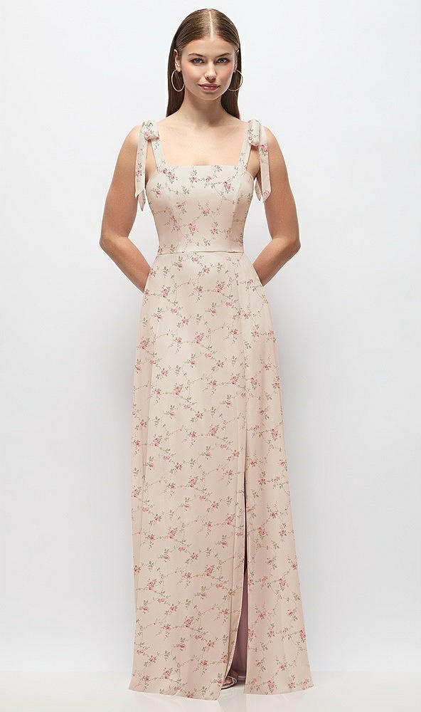 Front View - Coquette Floral Print Tie-Shoulder Chiffon Maxi Dress with Front Slit