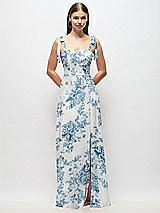 Front View Thumbnail - Cottage Rose Dusk Blue Tie-Shoulder Chiffon Maxi Dress with Front Slit
