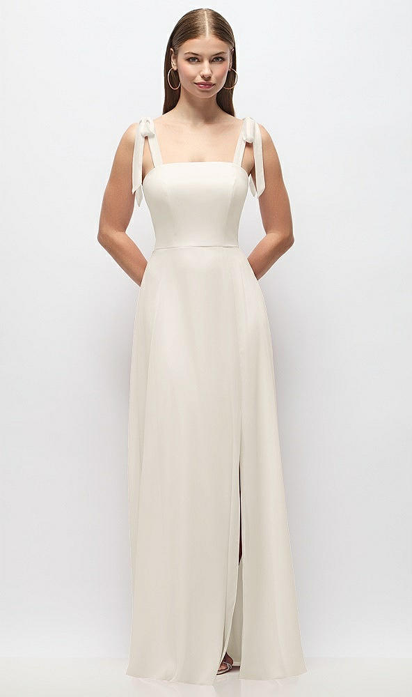Front View - Ivory Tie-Shoulder Chiffon Maxi Dress with Front Slit
