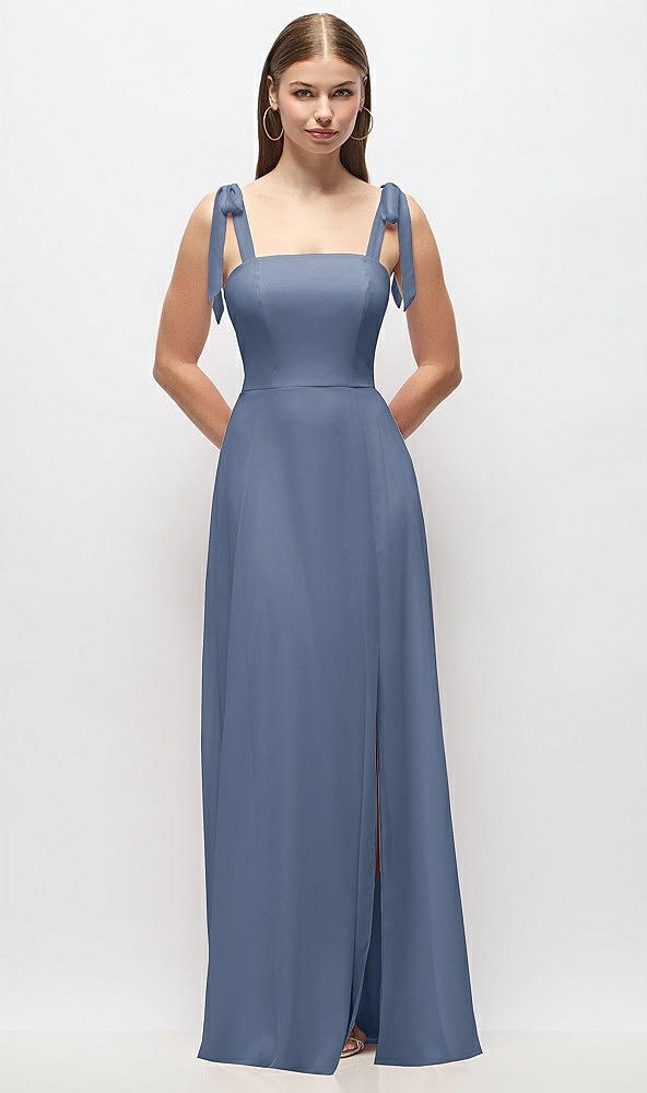 Front View - Larkspur Blue Tie-Shoulder Chiffon Maxi Dress with Front Slit
