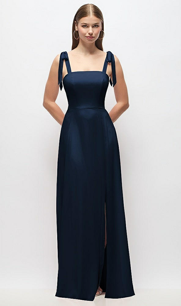 Front View - Midnight Navy Tie-Shoulder Chiffon Maxi Dress with Front Slit