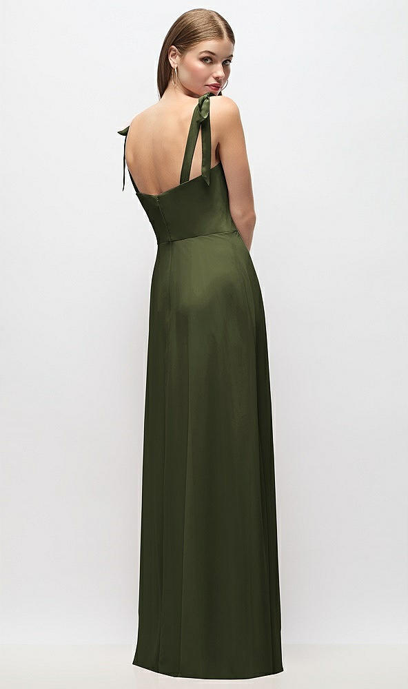 Back View - Olive Green Tie-Shoulder Chiffon Maxi Dress with Front Slit