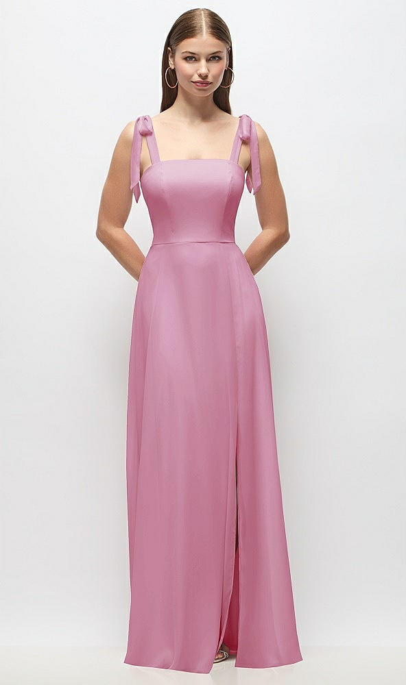 Front View - Powder Pink Tie-Shoulder Chiffon Maxi Dress with Front Slit