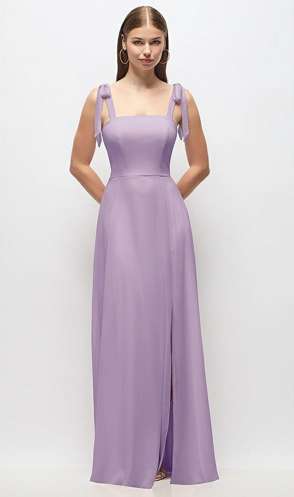 Front View - Pale Purple Tie-Shoulder Chiffon Maxi Dress with Front Slit