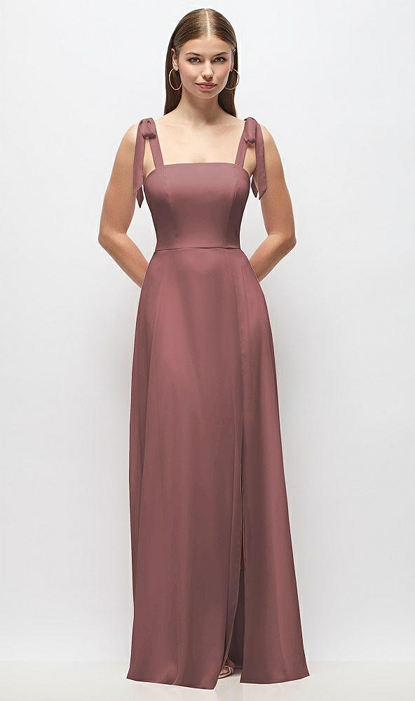 Front View - Rosewood Tie-Shoulder Chiffon Maxi Dress with Front Slit