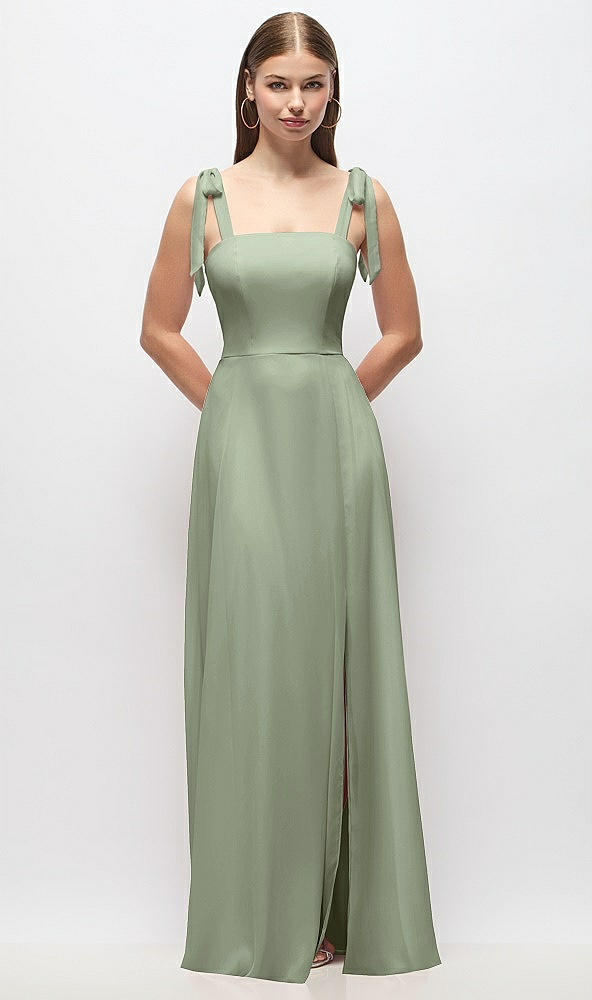 Front View - Sage Tie-Shoulder Chiffon Maxi Dress with Front Slit