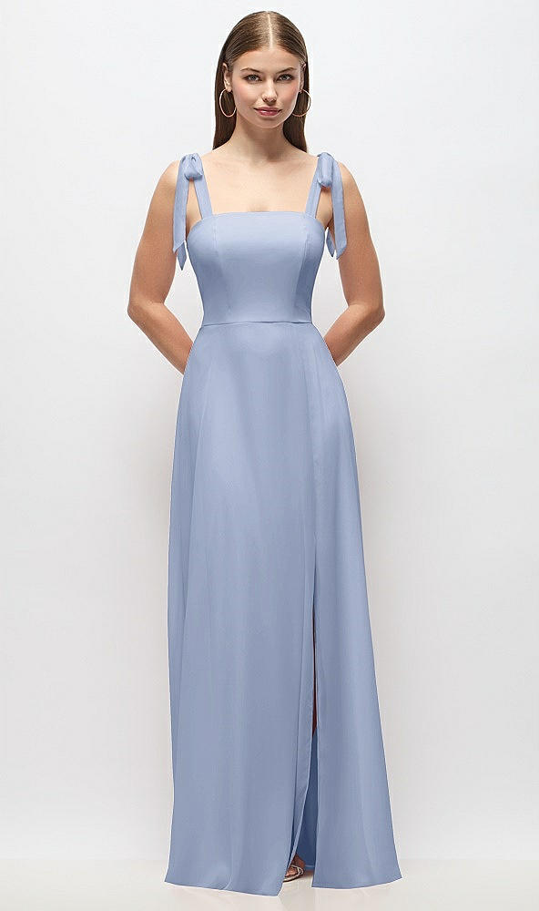 Front View - Sky Blue Tie-Shoulder Chiffon Maxi Dress with Front Slit