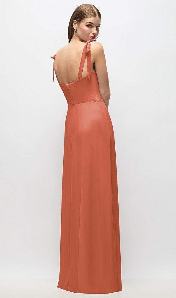 Back View - Terracotta Copper Tie-Shoulder Chiffon Maxi Dress with Front Slit