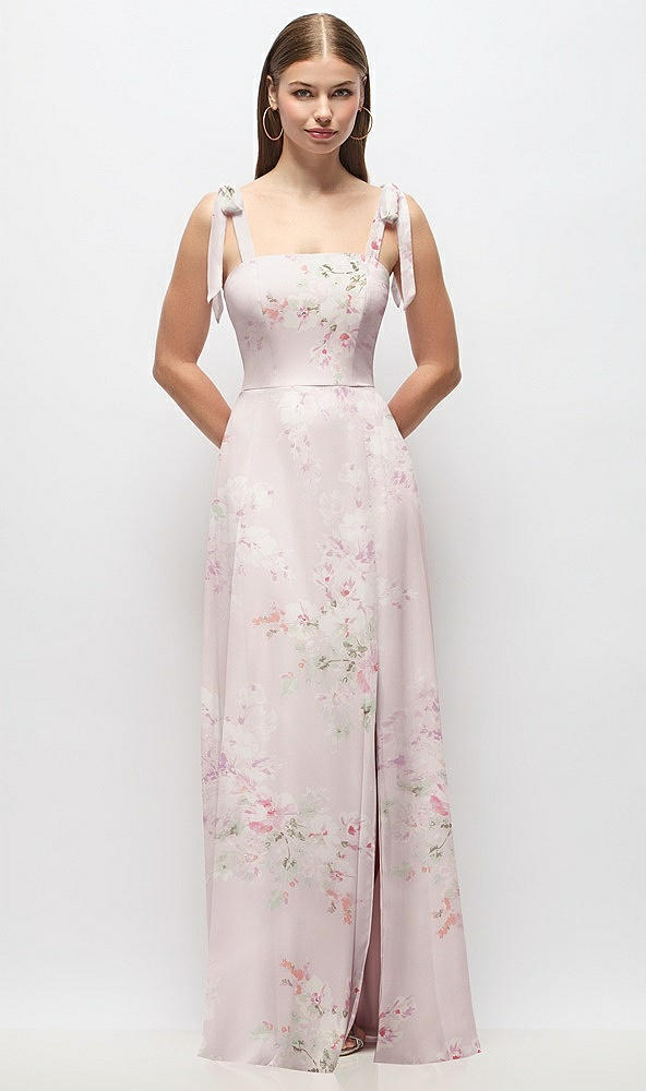 Front View - Watercolor Print Tie-Shoulder Chiffon Maxi Dress with Front Slit