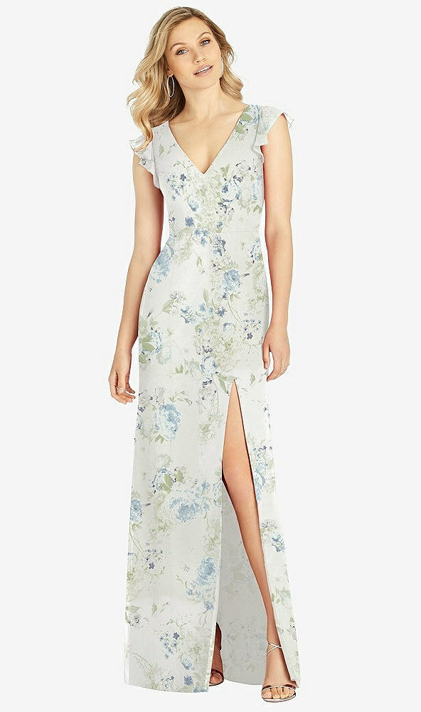 Front View - Bleu Garden Ruffled Sleeve Mermaid Dress with Front Slit