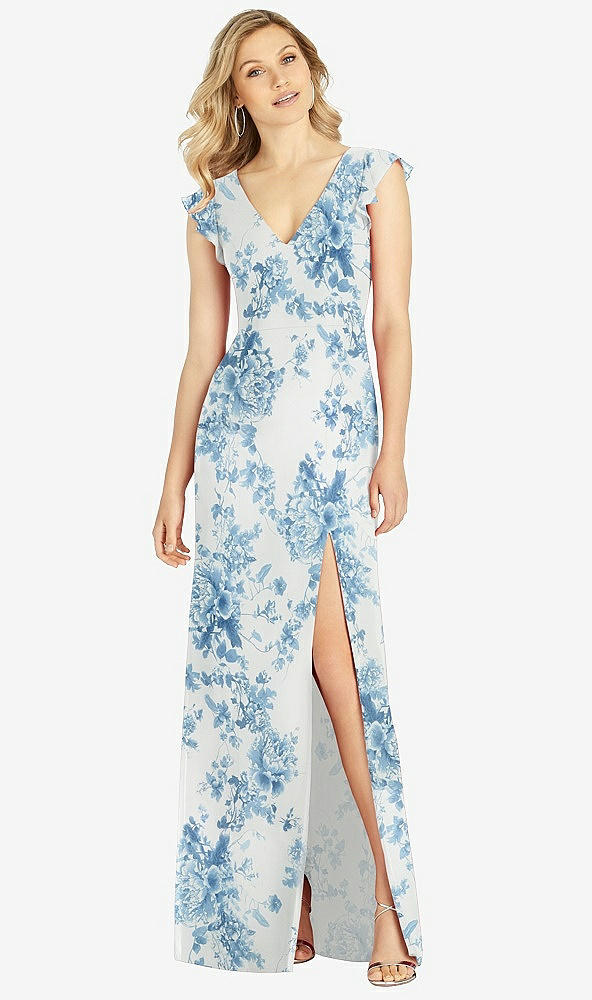 Front View - Cottage Rose Dusk Blue Ruffled Sleeve Mermaid Dress with Front Slit