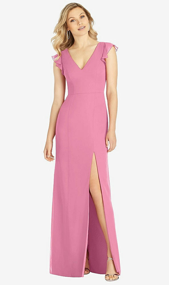 Front View - Orchid Pink Ruffled Sleeve Mermaid Dress with Front Slit