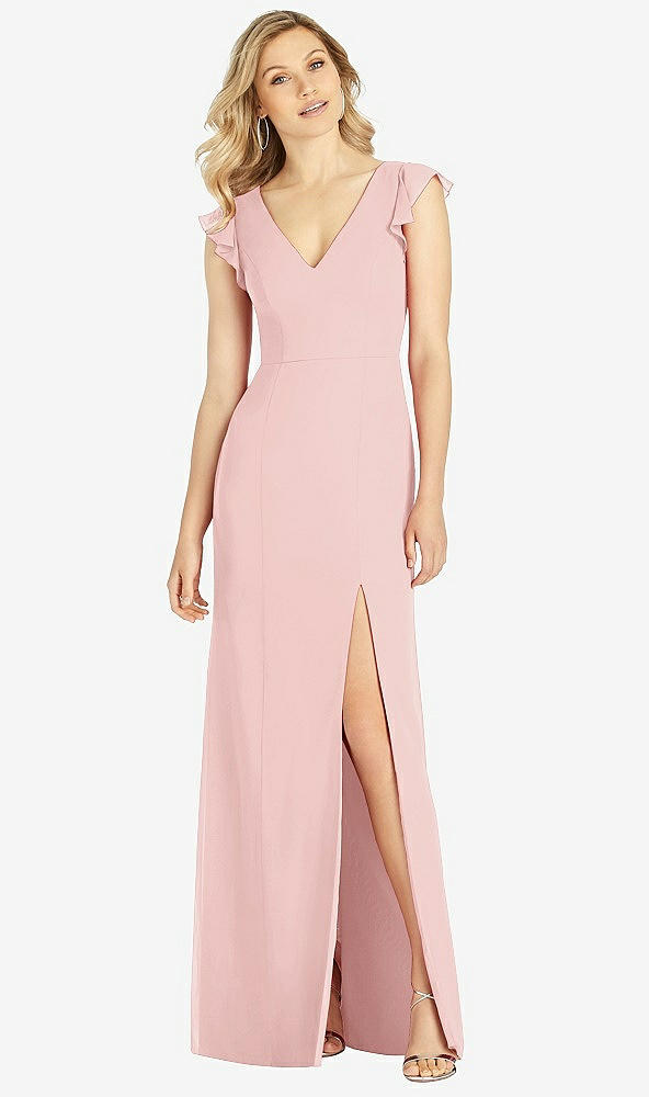 Front View - Rose Ruffled Sleeve Mermaid Dress with Front Slit