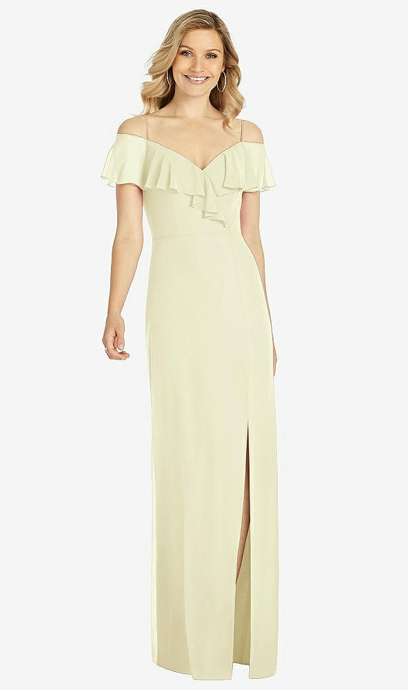 Front View - Butter Yellow Ruffled Cold-Shoulder Maxi Dress