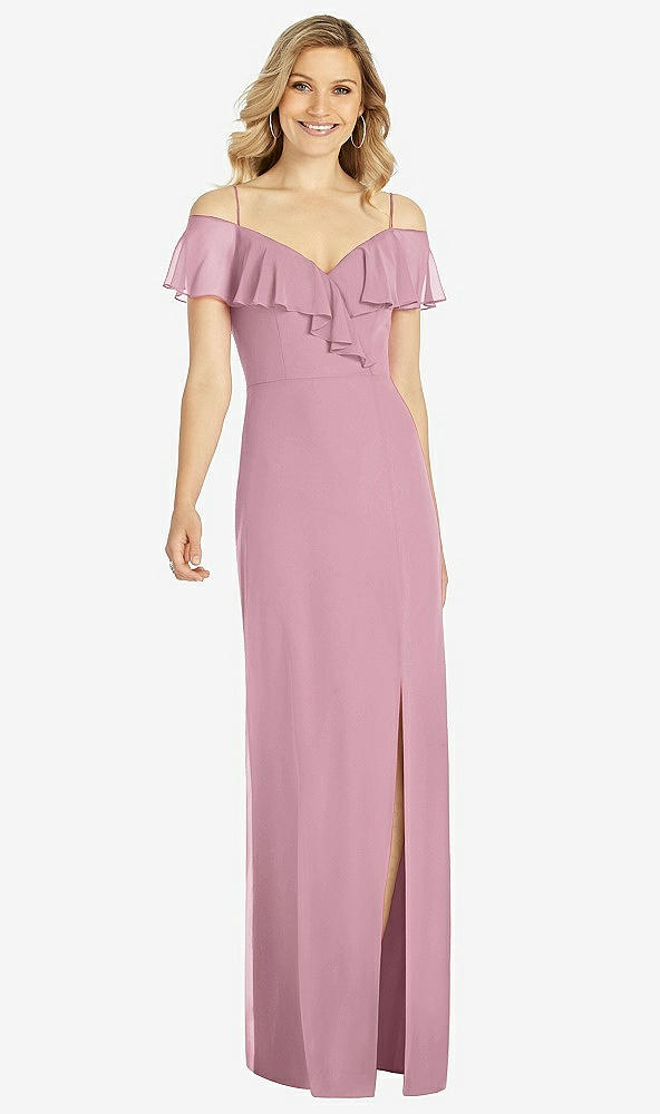 Front View - Dusty Pink Ruffled Cold-Shoulder Maxi Dress