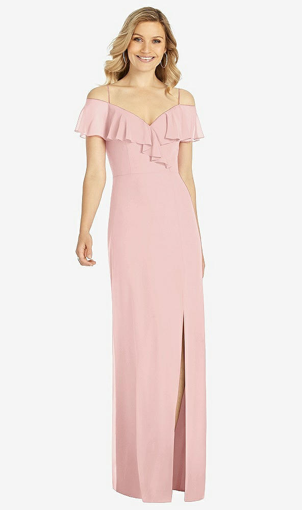 Front View - Rose Ruffled Cold-Shoulder Maxi Dress