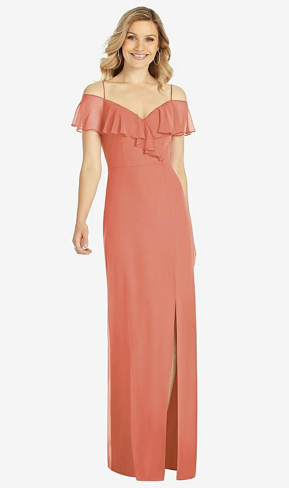 Front View - Terracotta Copper Ruffled Cold-Shoulder Maxi Dress