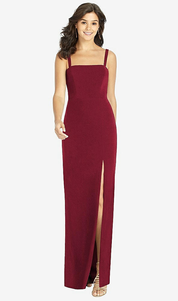Front View - Burgundy Flat Strap Stretch Mermaid Dress with Front Slit