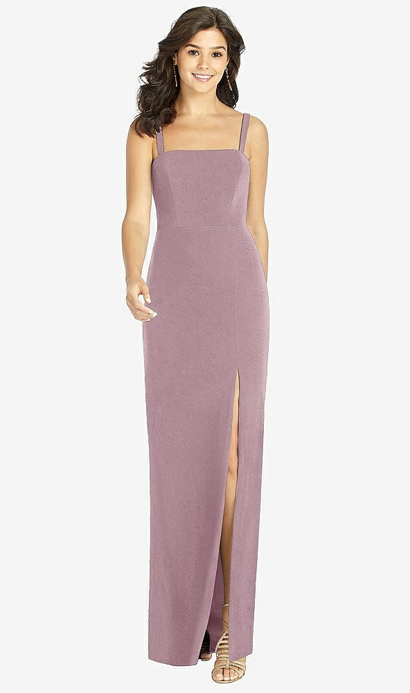 Front View - Dusty Rose Flat Strap Stretch Mermaid Dress with Front Slit
