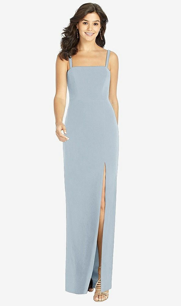 Front View - Mist Flat Strap Stretch Mermaid Dress with Front Slit