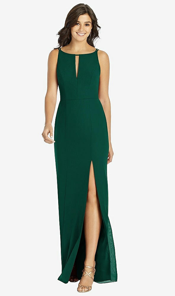 Front View - Hunter Green Keyhole Neck Mermaid Dress with Front Slit