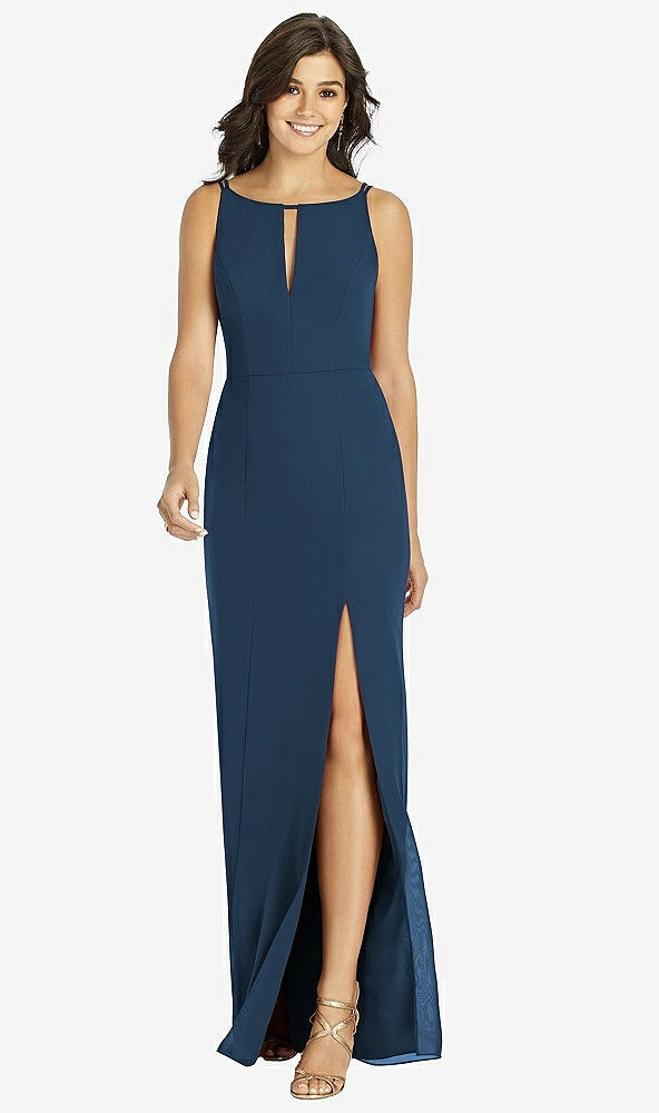 Front View - Sofia Blue Keyhole Neck Mermaid Dress with Front Slit