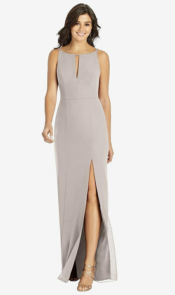 Front View - Taupe Keyhole Neck Mermaid Dress with Front Slit