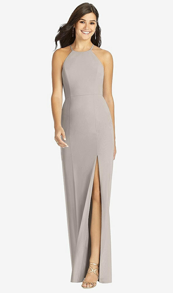 Front View - Taupe Sunburst Strap Back Mermaid Dress