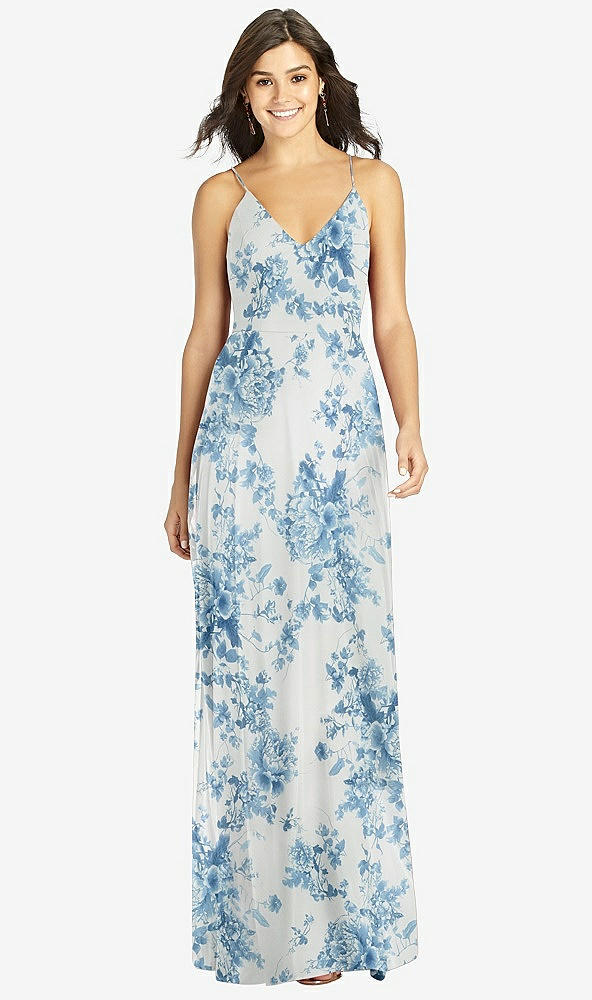 Front View - Cottage Rose Dusk Blue Criss Cross Back A-Line Maxi Dress