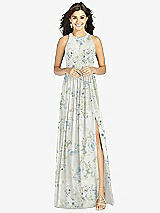 Front View Thumbnail - Bleu Garden Shirred Skirt Jewel Neck Halter Dress with Front Slit