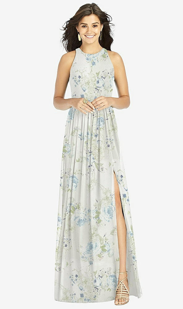 Front View - Bleu Garden Shirred Skirt Jewel Neck Halter Dress with Front Slit