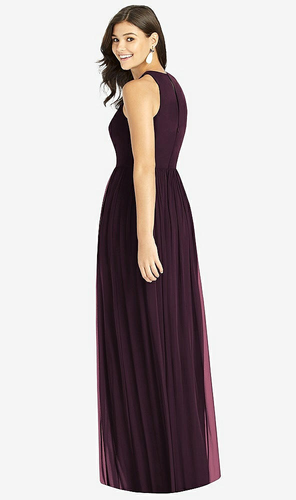 Back View - Deep Plum Shirred Skirt Jewel Neck Halter Dress with Front Slit