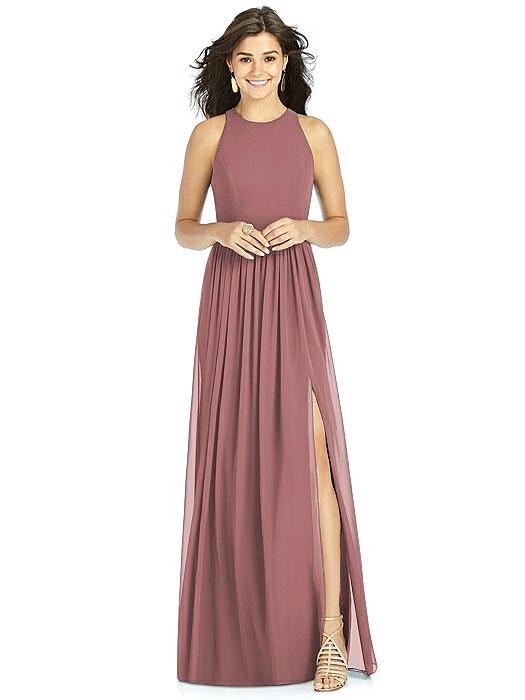 Shirred Skirt Jewel Neck Halter Dress with Front Slit