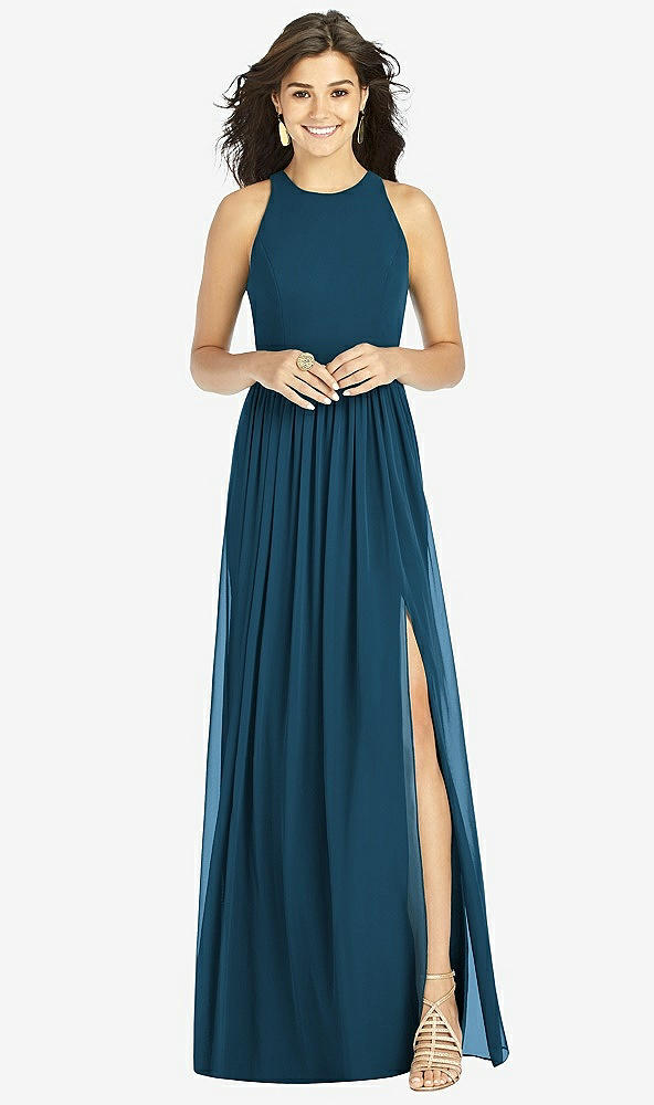 Front View - Atlantic Blue Shirred Skirt Jewel Neck Halter Dress with Front Slit