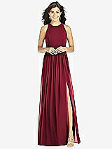 Front View Thumbnail - Burgundy Shirred Skirt Jewel Neck Halter Dress with Front Slit