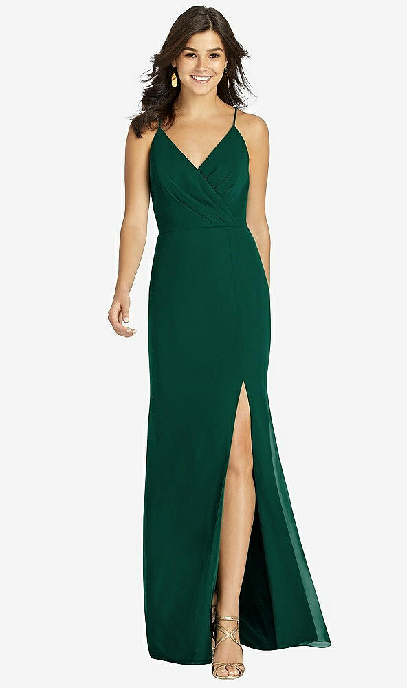 Front View - Hunter Green Criss Cross Back Mermaid Wrap Dress