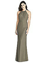 Rear View Thumbnail - Mocha Gold Shimmer Halter-Neck Ruffle-Back Chiffon Trumpet Gown