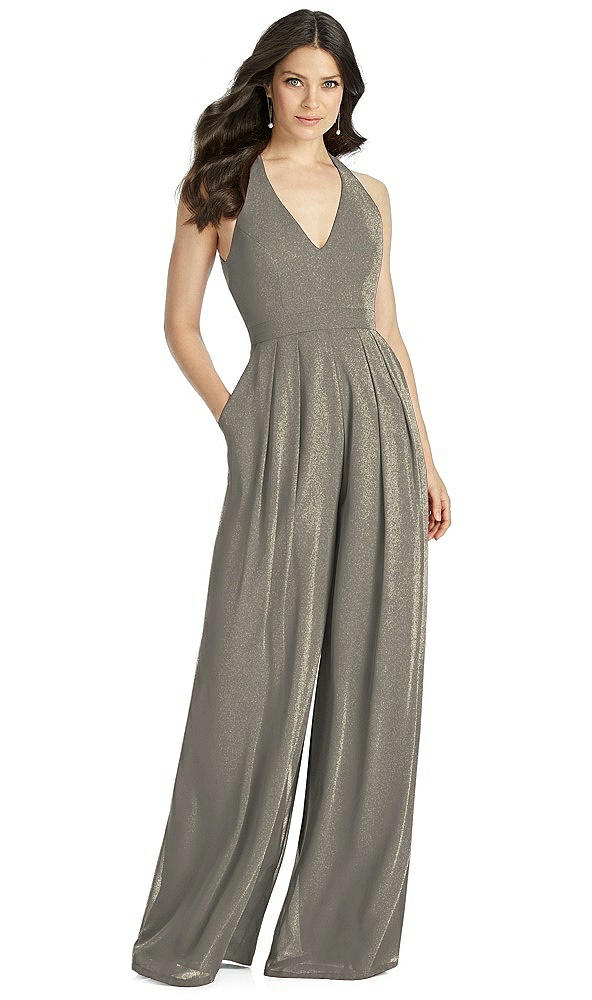 Front View - Mocha Gold Dessy Shimmer Bridesmaid Jumpsuit Arielle LS