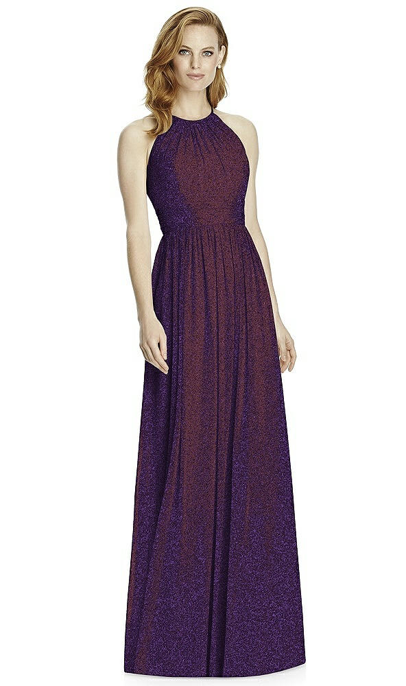 Front View - Majestic Gold Studio Design Long Halter Shimmer Bridesmaid Dress 4511LS