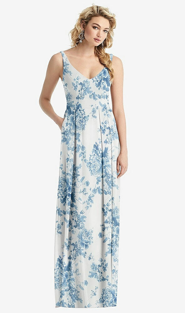 Front View - Cottage Rose Dusk Blue Sleeveless Pleated Skirt Maxi Dress with Pockets