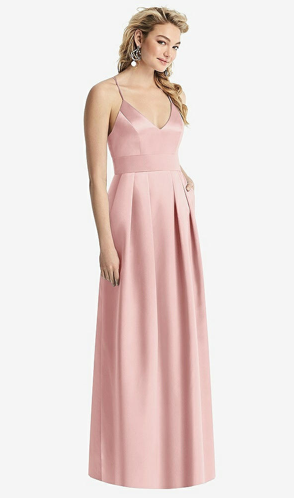Front View - Rose Pleated Skirt Satin Maxi Dress with Pockets