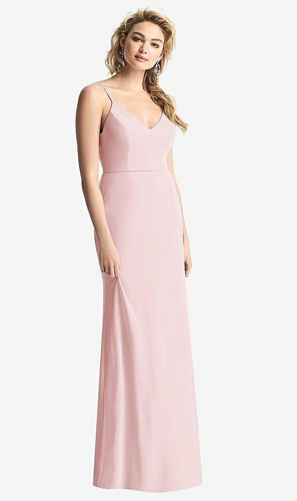 Back View - Ballet Pink Shirred Sash Cowl-Back Chiffon Trumpet Gown