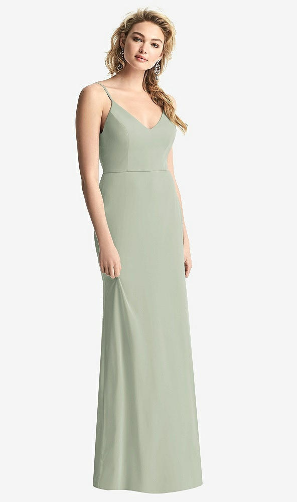 Back View - Celadon Shirred Sash Cowl-Back Chiffon Trumpet Gown